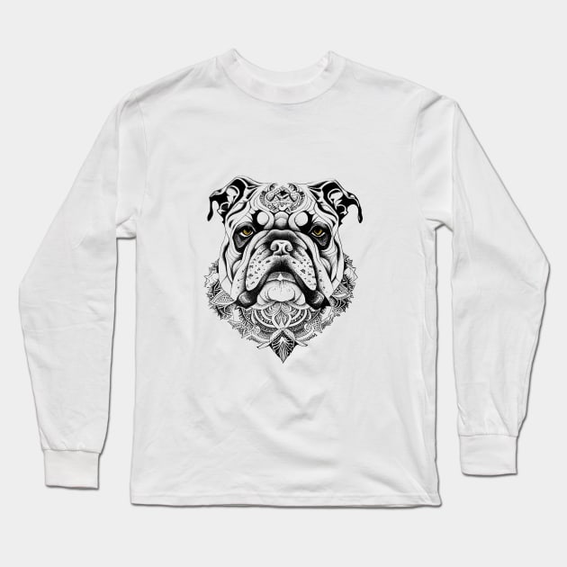 English Bulldog Pet Animal Nature Illustration Art Tattoo Long Sleeve T-Shirt by Cubebox